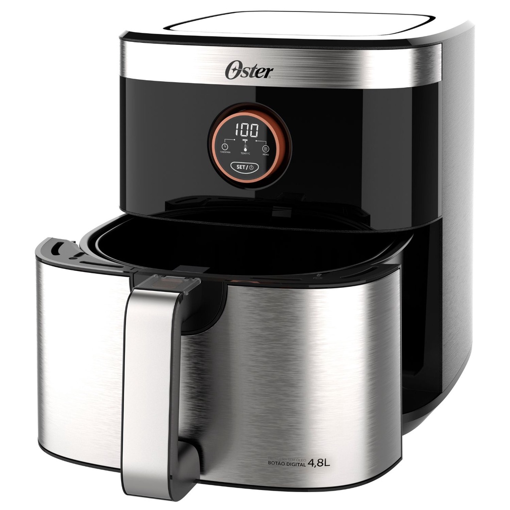 Fritadeira Elétrica Sem Óleo Air Fryer Oster 2 Em 1 Black Inox 4,8L Função Desidratar Botão Digital Timer 60 Min 1500W