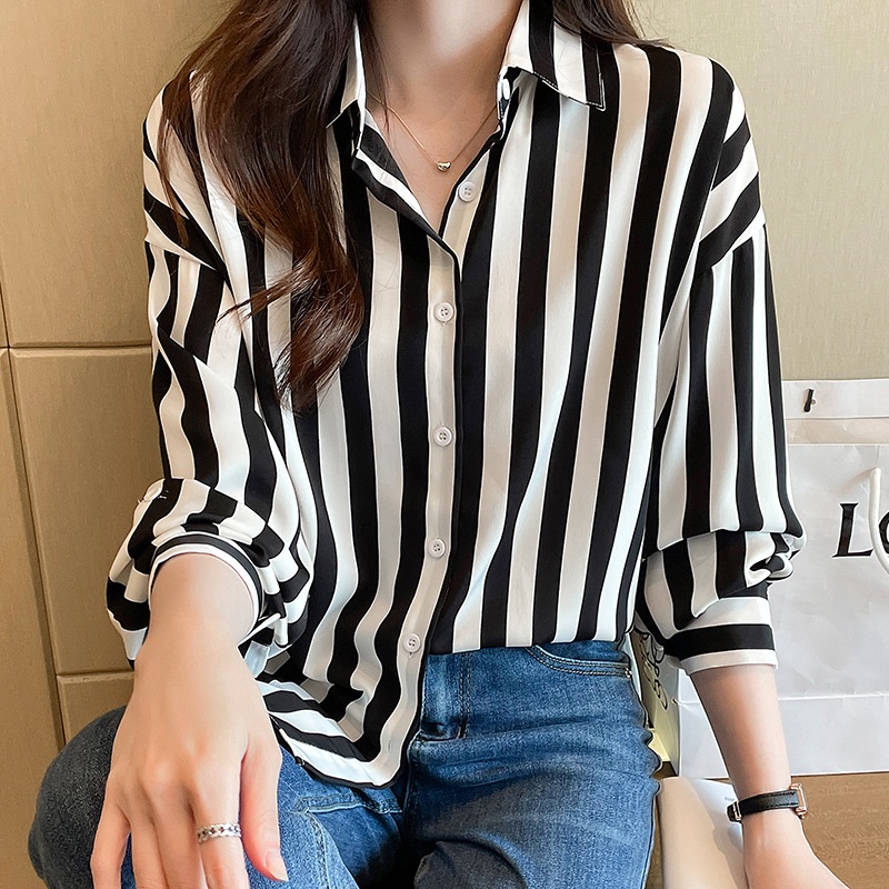 Blusa Feminina Camisas De Manga Longa Com Listras Chiffon Impressas Vestuário Feminino 2023 Primavera Verão
