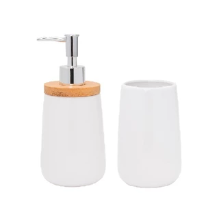 Kit 2 Peças Para Banheiro Branco Cerâmica/Bambu Porta Escova E Saboneteira