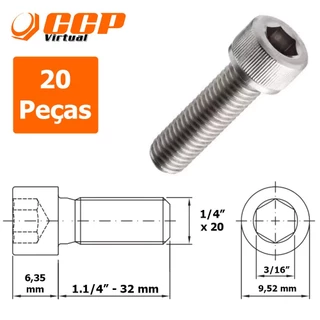 Parafuso Allen Cabeça Cilindrica Aço Inox 1/4" x 1.1/4" - 32 mm - 20 Peças