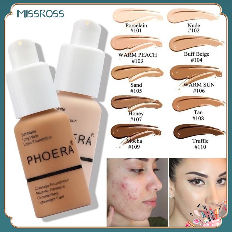 Phoera Base Líquida Hidratante Corretivo Clareador Fosco Impermeável Longo Vestir Cobertura Completa Acne Spot Maquiagem Primer Natural Face 10 Cor WFUTURE