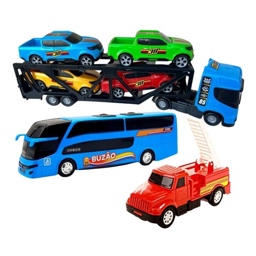 Kit 1 Caminhão Cegonheira C/ 2 Carrinhos Caminhão Reboque Cegonha C/  Carrinho + 1 Onibus Buzão Brinquedo Infantil - Escorrega o Preço