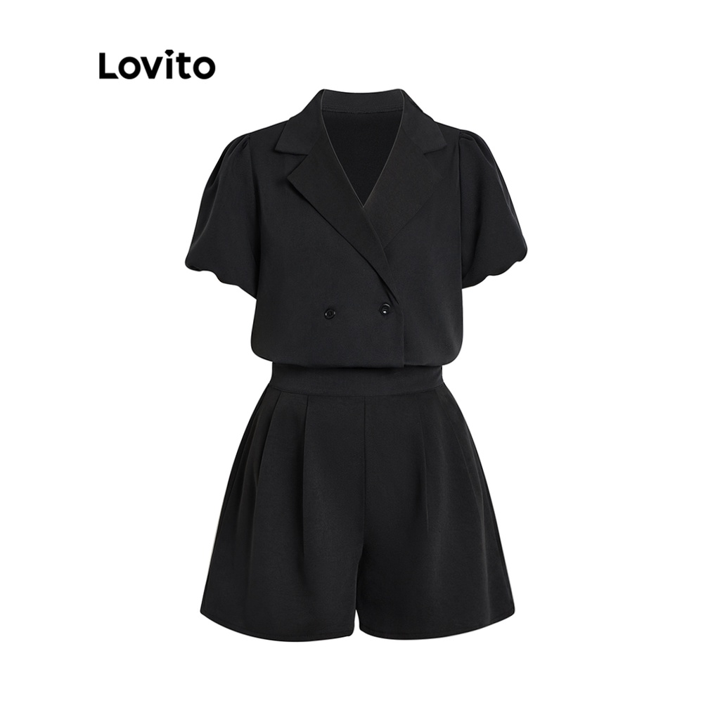 Lovito Casual Conjunto Feminino Liso De Blusa De Manga Bufante E Gola Chanfrada Abotoada Dupla E Shorts L45LD068 (Preto)