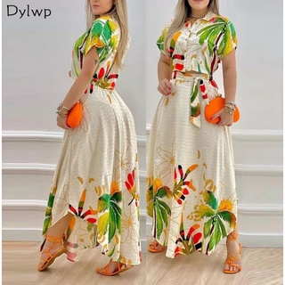 Conjunto De Camisa De Manga Curta E Saia Longa Moda De Verão Impressa Em Duas Peças