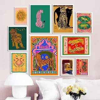 Pôster Abstrato Colorido E Impressão Tiger Leopard Jungle Tropical Wall Art Canvas Pintura De Parede Decoração De Sala De Estar