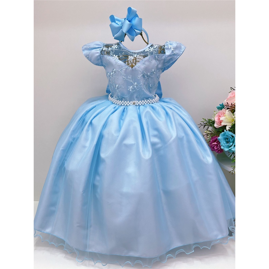 Vestido Infantil Dama Honra Azul Bebê Casamento Renda Pérola