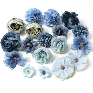 【 Aesthetic Combinação 】 20 PCS Diferentes Cabeças De Flores Artificiais Blue Ball Chrysanthemum Peony Rose Hydrangea Artificial Flower Home Decoração De Casamento Bolo De