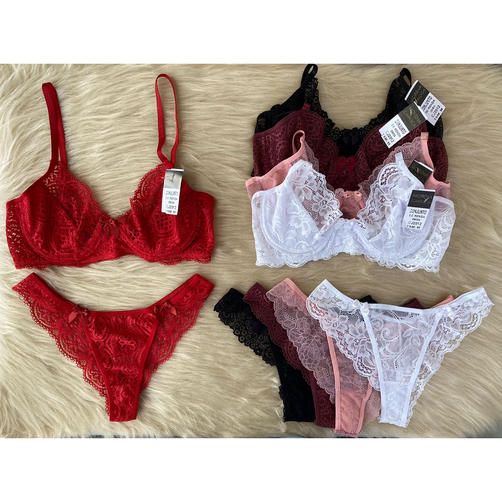 Conjunto lingerie sem bojo com aro calcinha tanga de renda barato revenda  cj2012