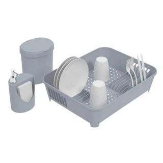 Kit Para Pia Coza Basic 3 Peças Escorredor De Louças, Lixeira Com Tampa E Dispenser Para Detergente Cinza Frio