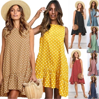 Vestido Com Bainha Grande De Verão Casual Gola Redonda De Polka Dot Print Loose Large Hem Ruffled Dress