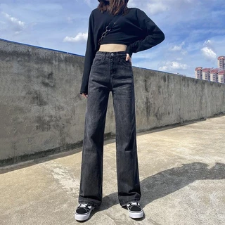 Calça jeans Feminina Nova Versão Coreana Solta De Perna Larga Cintura Alta Reta