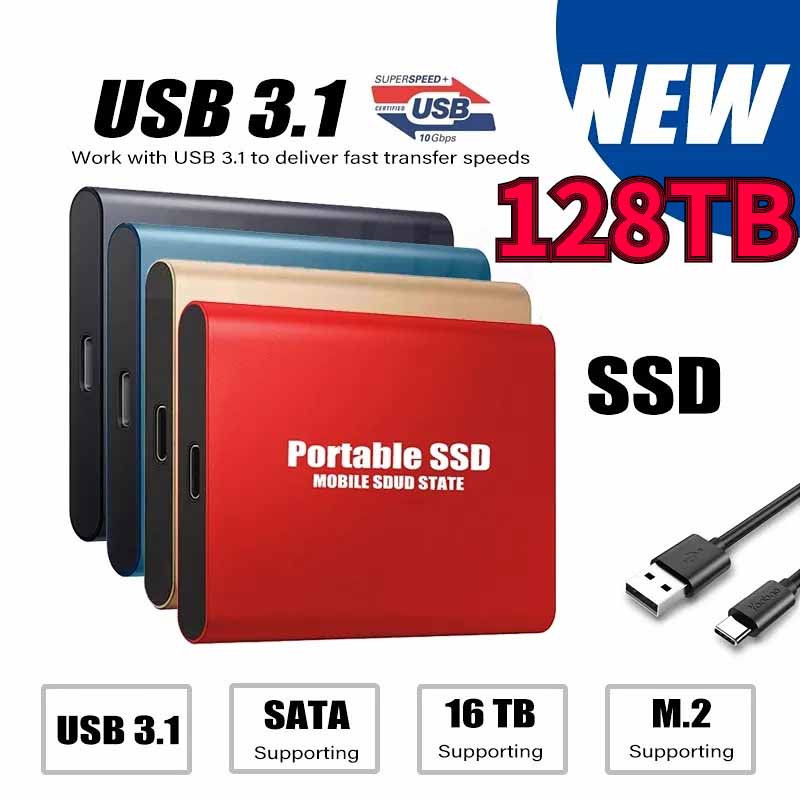 Novo Portátil SSD 1TB 2TB 8TB 16TB 30TB 60TB 128TB Capacidade De Disco Rígido De Estado Sólido Externo Armazenamento Móvel Tipo C Para Computador/Notebook/mac USB 3.1