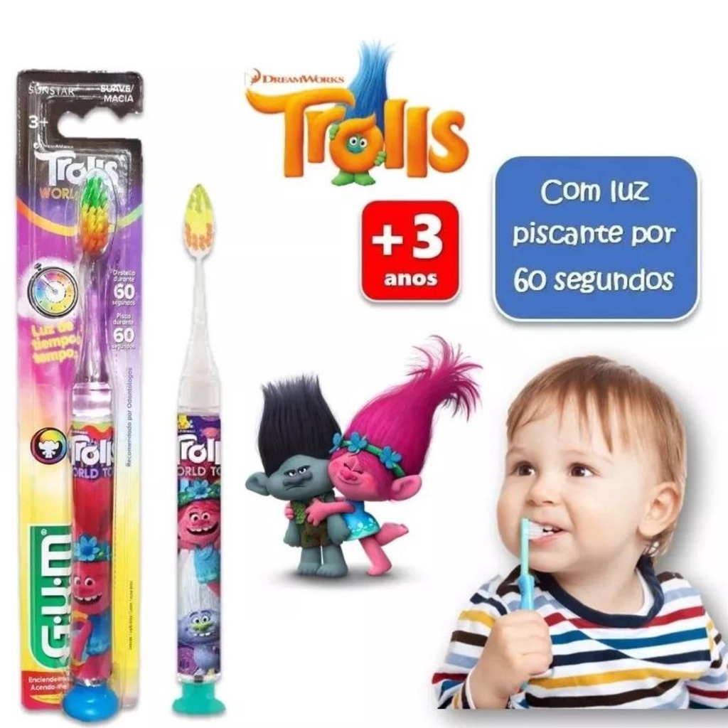 Escova Dental Infantil Trolls c\ Luz Pisca 60 Segundos - GUM | Shopee ...