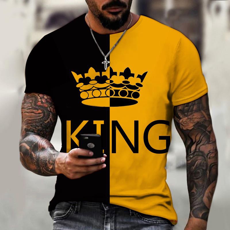 Camisa Masculina Coroa Rei KING 3D Estampada Camiseta Moda Streetwear Blusas De Manga Curta Gola Redonda Roupas Masculinas