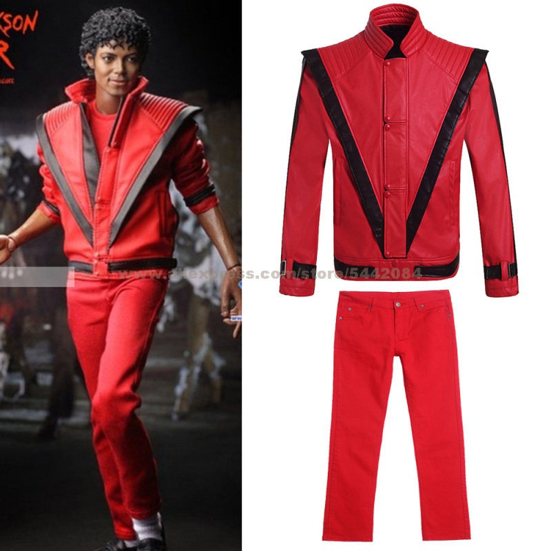 MJ Michael Jackson Casaco Thriller Vermelho Retro De Couro MTV Calças Coleção Outwear Party Cosplay Imitação