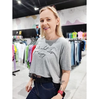 Blusa Cropped com renda Barra Mescla