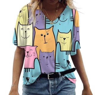 Moda Gato Anime Camiseta Feminina 2023 Harajuku Roupas De Pescoço Em V Tês De Manga Curta Tamanho Excedente