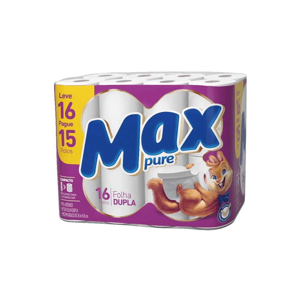Papel Higiênico Folha Dupla Max Pure com 16 rolos de 30 metros