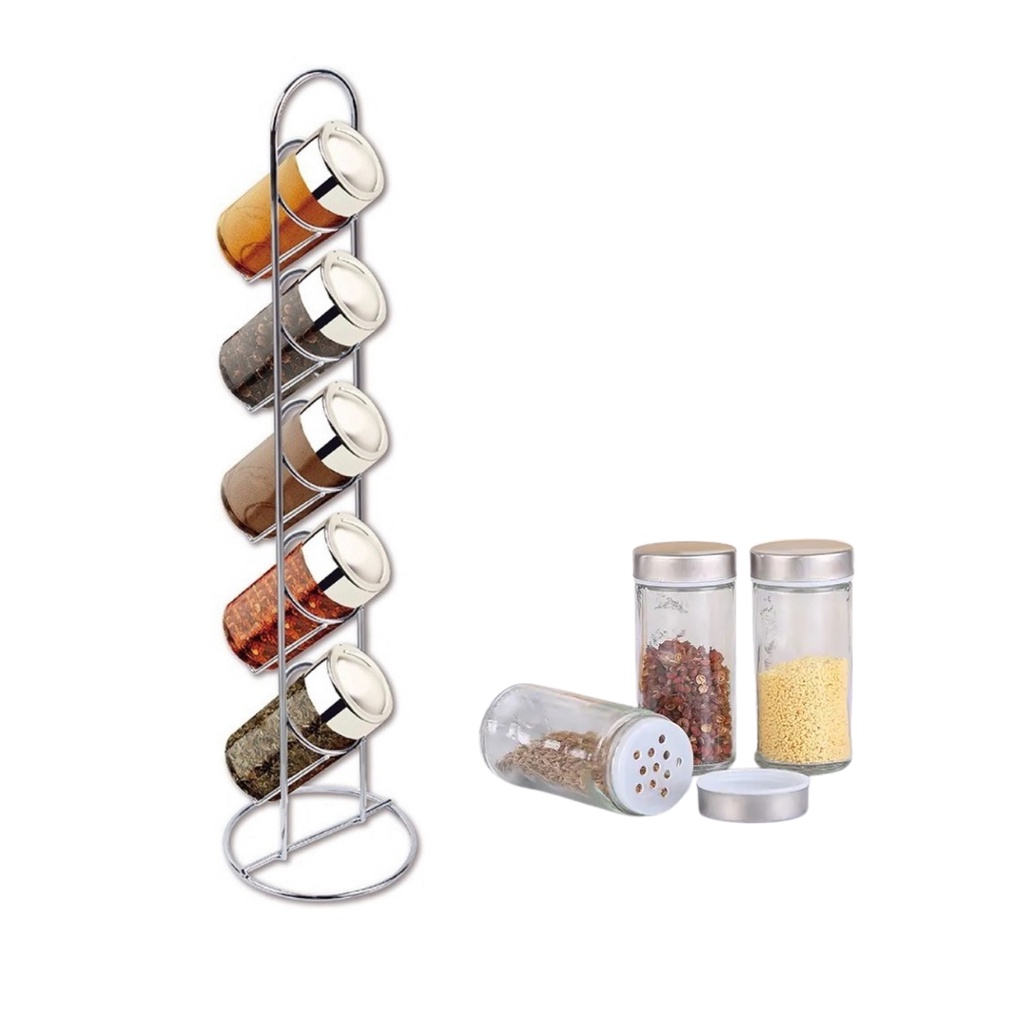 Porta Tempero 5 Potes Vidro + Suporte Vertical Inox Premium