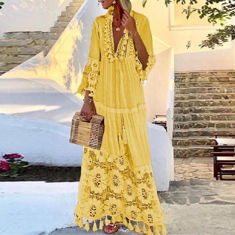 Yellow lace best sale maxi dress