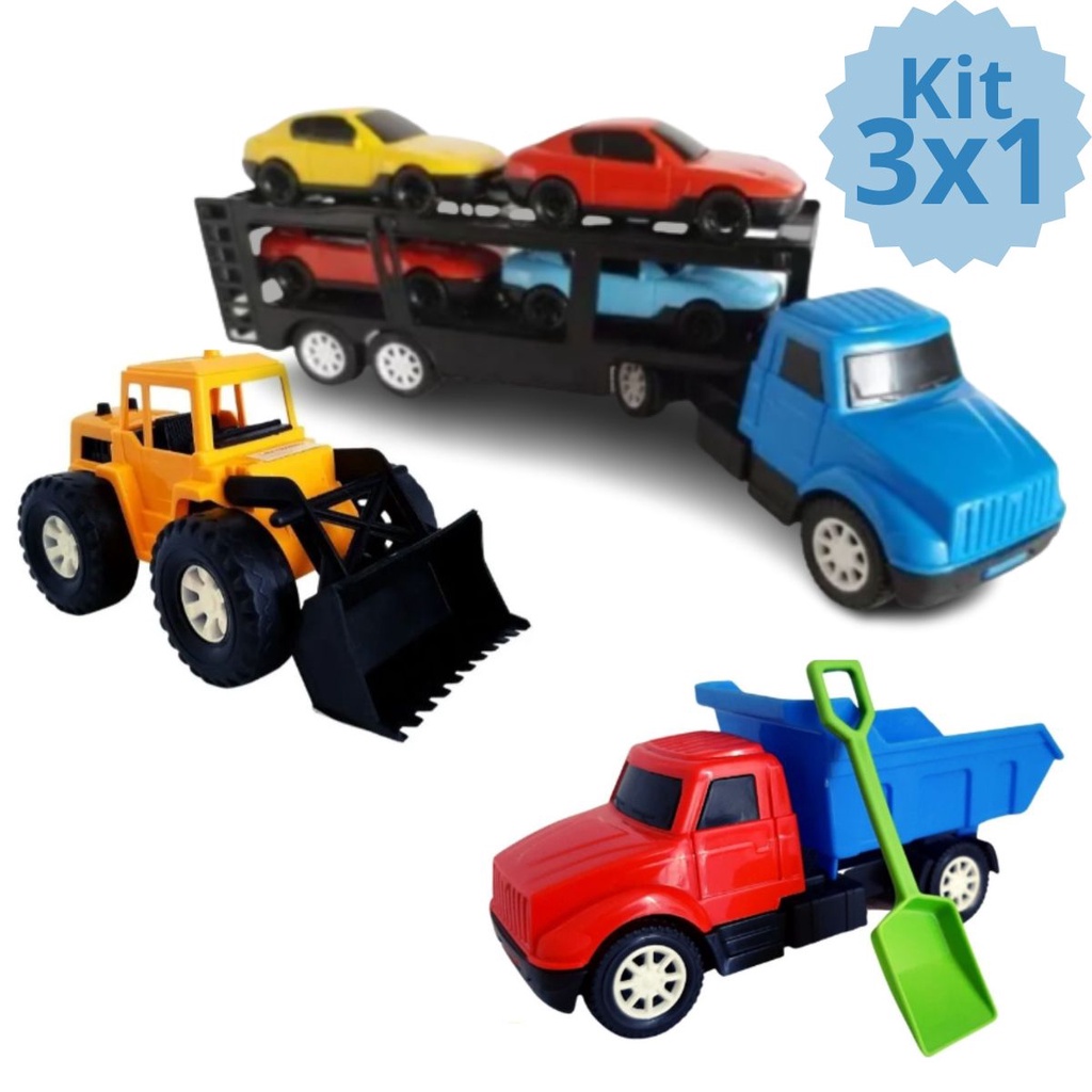 KIT 3X1 CAMINHÃO BASCULANTE, TRATOR E MINI CEGONHA COM CARRINHOS BRINQUEDO