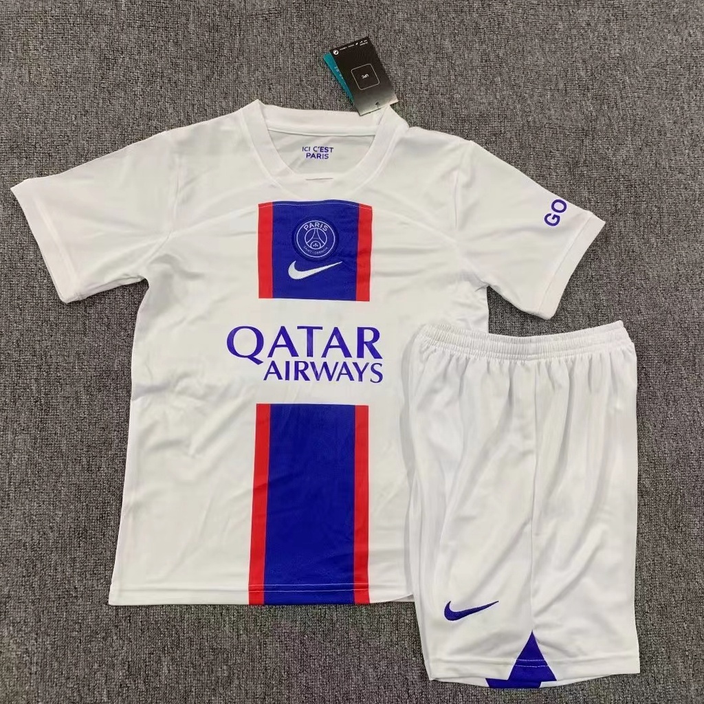 2022/23 Infantil Kit PSG Away Branco Camisa do Time Criança Camiseta Blusa Camisa de Futebol
