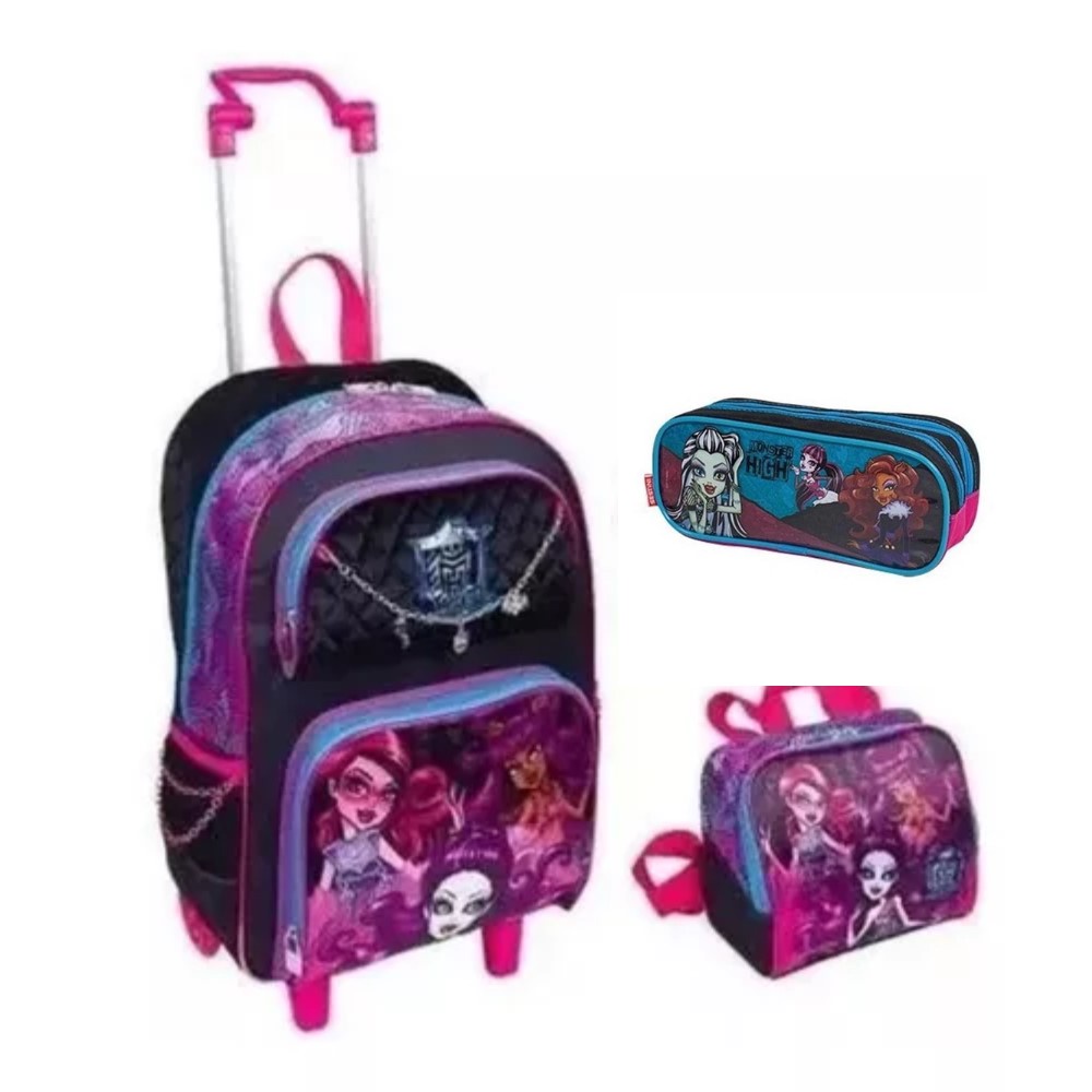 Kit Mochila Grande Com Rodinha Lancheira Estojo Monster High