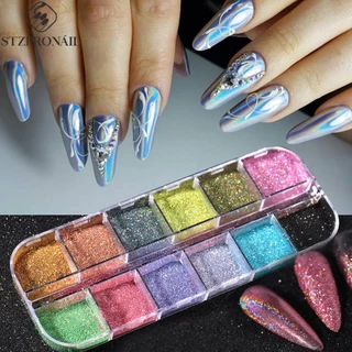 12Grid Laser Holo Prego Cromado Pó Holográfico Lantejoulas Arco-Íris Para Unhas Espelho Glitter Gel Polidor Manicure Decoração