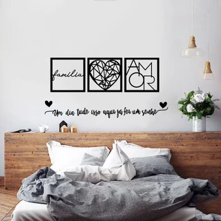 Kit Quadro Decorativos Para Sala Familia Amor Coração geometrico + Frase um dia tudo isso aqui já foi um sonho Quarto Cabeceira MDF + 2 aplique coração