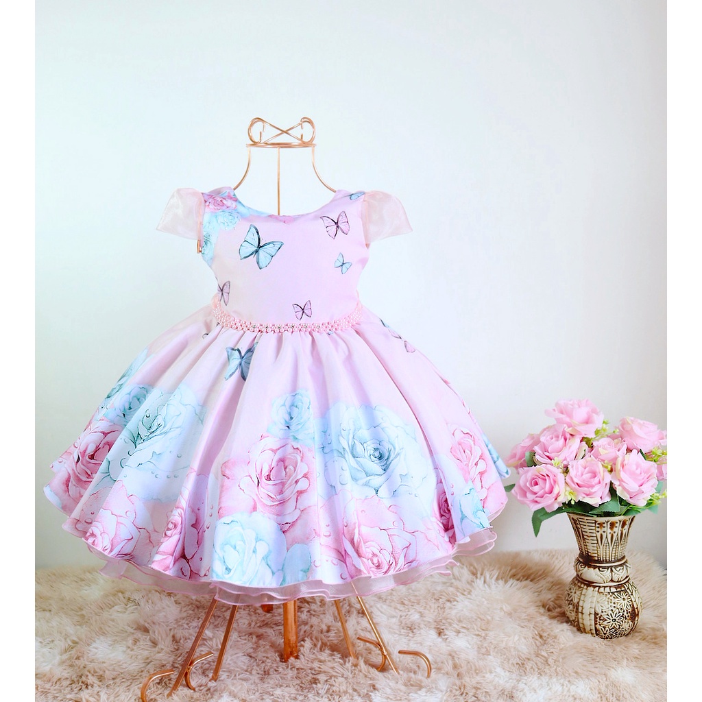 Vestido infantil Princesa Jardim Encantado Rosa c/ borboleta