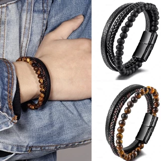 Hip Hop Rock Retro Moda Masculina Natural Gem Beaded Leather Multilayer Woven Bracelet Acessórios Para Jóias De Festa