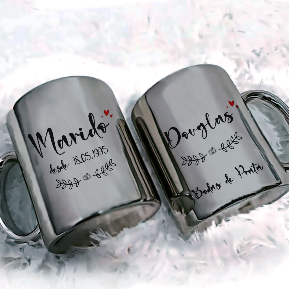 Caneca Casal Bodas de Prata Metalizada Par Casal