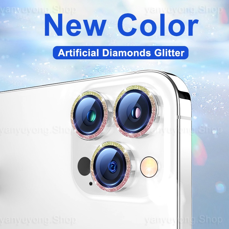 Diamantes Bling Glitter Protetor De Câmera Para iPhone 11 12 13 14 15 Pro Max/14 15 Plus 13 mini Lente De Anel Metálico Vidro Temperado