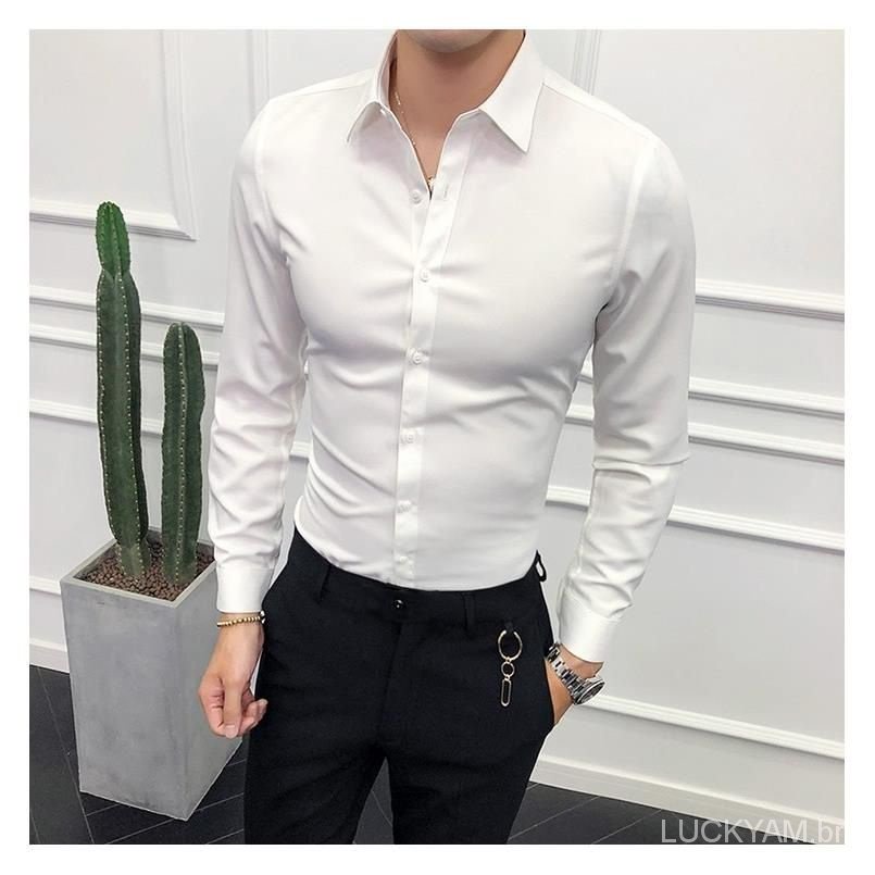 2024 Novos Tops Camisa coreana de verão slim manga comprida para homens de colarinho branco ocupação de negócios terno regular noivo padrinho camisa branca