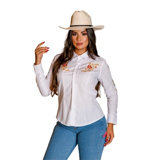 Camisete Feminina Country Bordada Mula Rosa - Branca