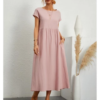 Moda Feminina De Verão Vestido De Bolso De Linho De Algodão Sólido Sem Manga Feminino De Pescoço Redondo Linha A S-5XL