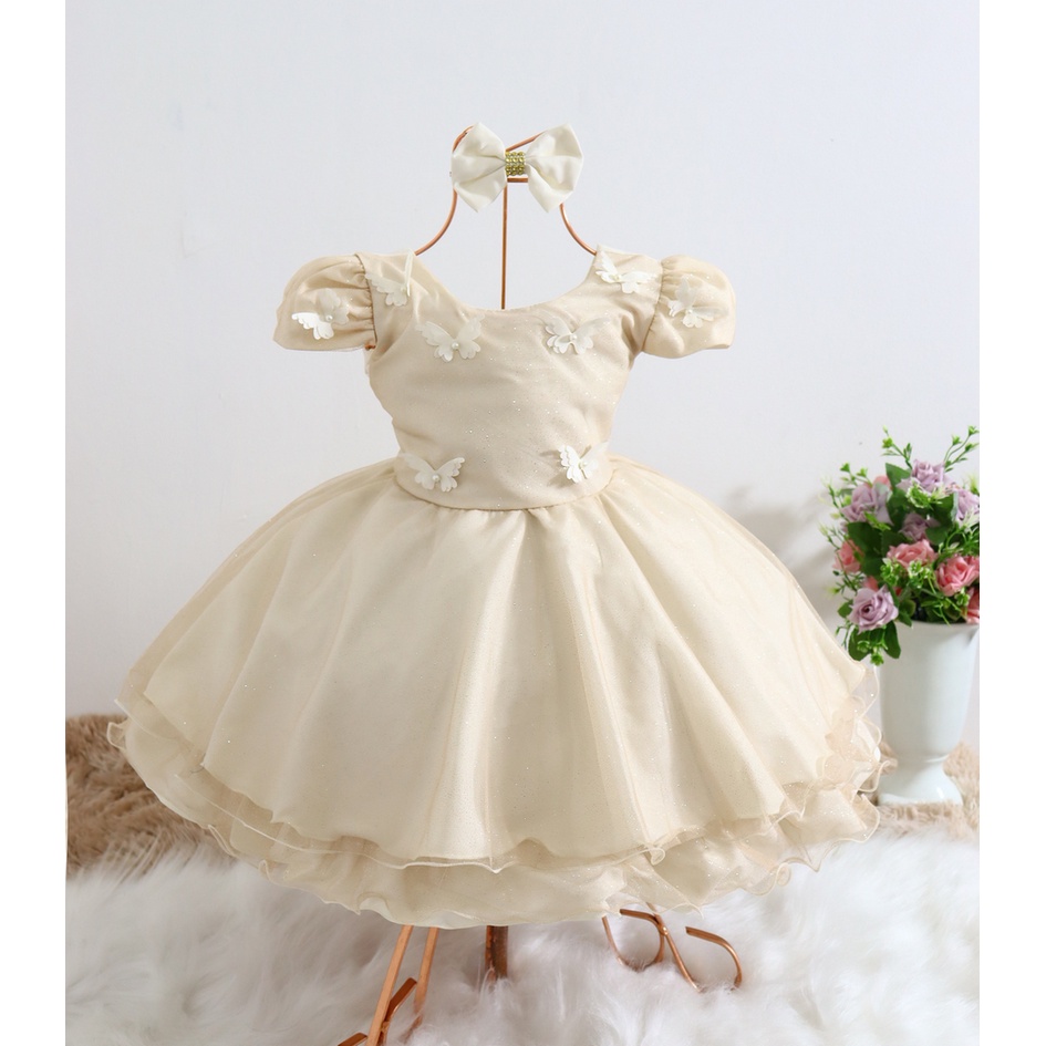Vestido infantil simples e bonito Dourado princesa Marfim de festa ...