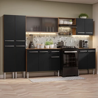 Armário de Cozinha Completa 293cm Rustic/Preto Emilly Madesa 04 em Oferta na Shopee