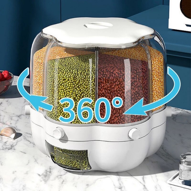 Recipiente Grande De Armazenamento De Alimentos 360 ° Barris De Arroz Selado Rotativo Distribuidor De Cereais Caixa De Grãos VEUU