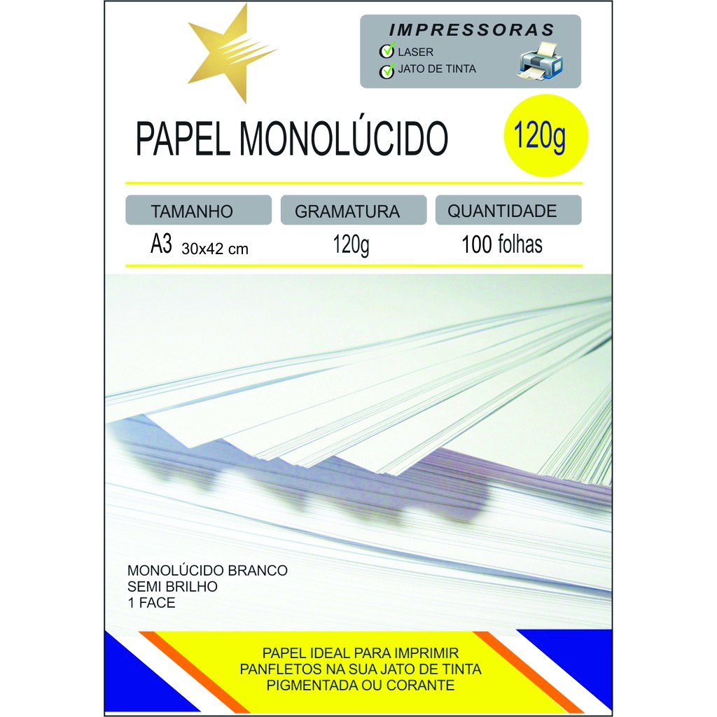 Papel Monolúcido Branco 120g 30x42 Pacote Com 100 Fls 1 Face
