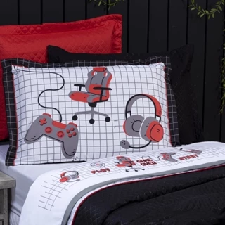 Jogo de Cama Game Streamer Branco/Vermelho Casal Padrão 04 Peças - Micropercal 180 Fios