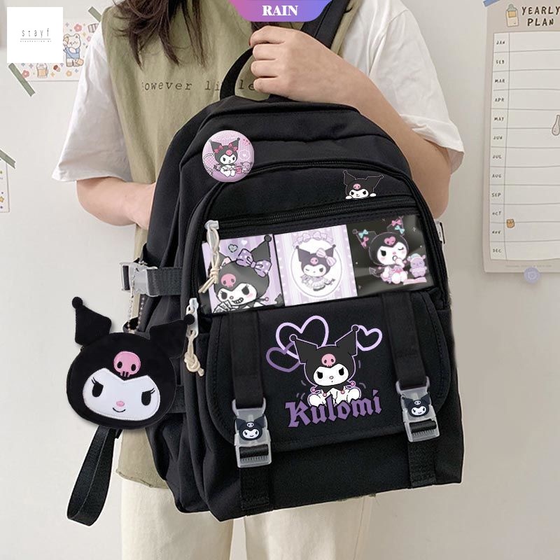 Mochila Escolar De Nylon À Prova D'água Multi-Pockets Cartoon Meninas Estudante Kawaii Cinnamoroll/Kuromi/Pom Purin