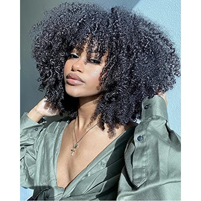 Perucas Curtas Afro Cacheadas Com Bangs Cabelos Sintéticos Kinky Curly Wigs Para Mulheres Negras Sintéticas Full 45cm Preto