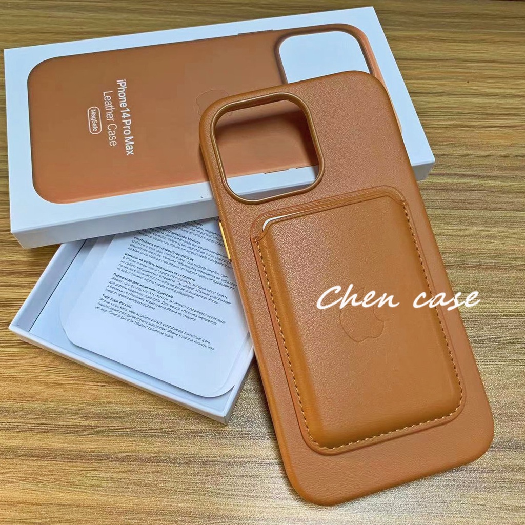 【 Case + Cartão Bag 】 high-Qualidade Magsafe Logotipo Estojo De Couro Para IPhone 14 Plus Pro Max Com Mini Porta-Cartões De Adsorção Magnética/Carteira