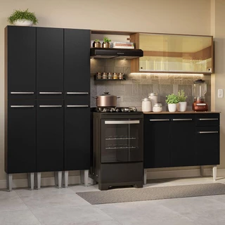 Armário de Cozinha Completa 261cm Rustic/Preto Emilly Madesa 05 em Oferta na Shopee