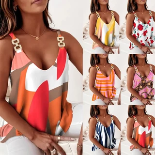 2023 Summer Fashion Women Sleeveless Tank Chain Sling Printed Sexy V Neck Boho Female T-Shirts Clothing