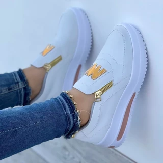 Sapatos Femininos Treinadores Casual Exterior Zip Feminino Únicos Moda Brancos Tamanho Grande