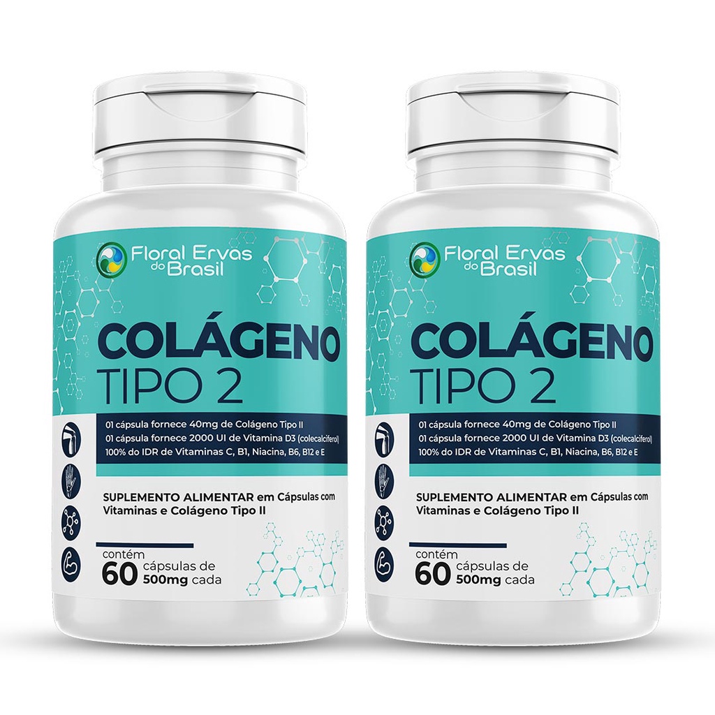 Kit 2 Colágeno Tipo 2 II 60 Cápsulas com Vitamina C, E, B1, B6, B12 e D3 2000UI colágeno não hidrolisado tipo 2
