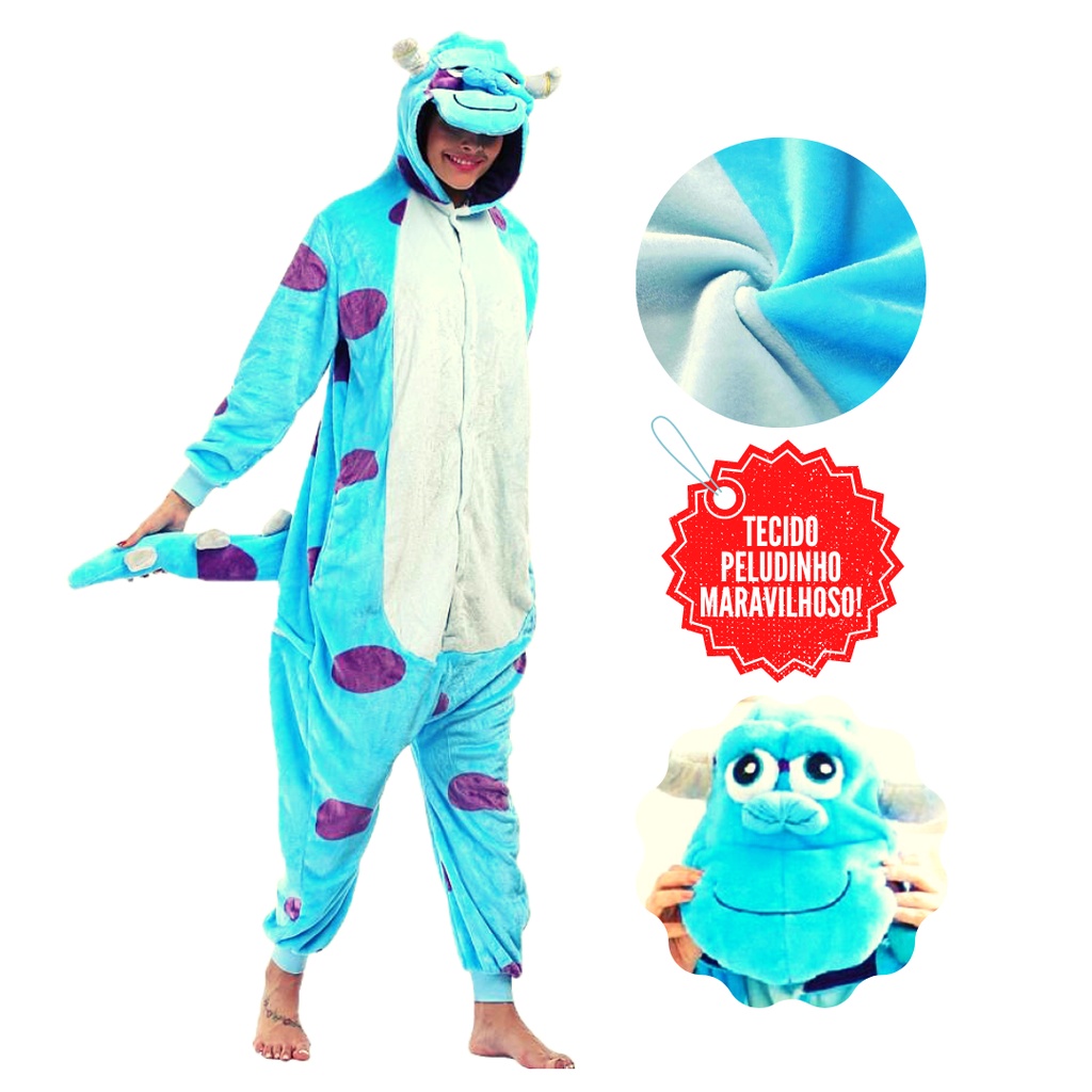 Pijama Monstro Sullivan Sully Peludinho Kigurumi com Capuz Unissex