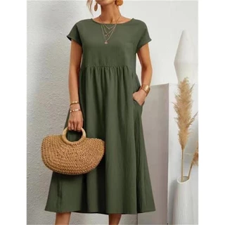 Vestido De Moda Feminino De Verão Cor Sólida Sem Manga Roupa De Bolso De Algodão Solto Feminina De Pescoço Redondo S-5XL
